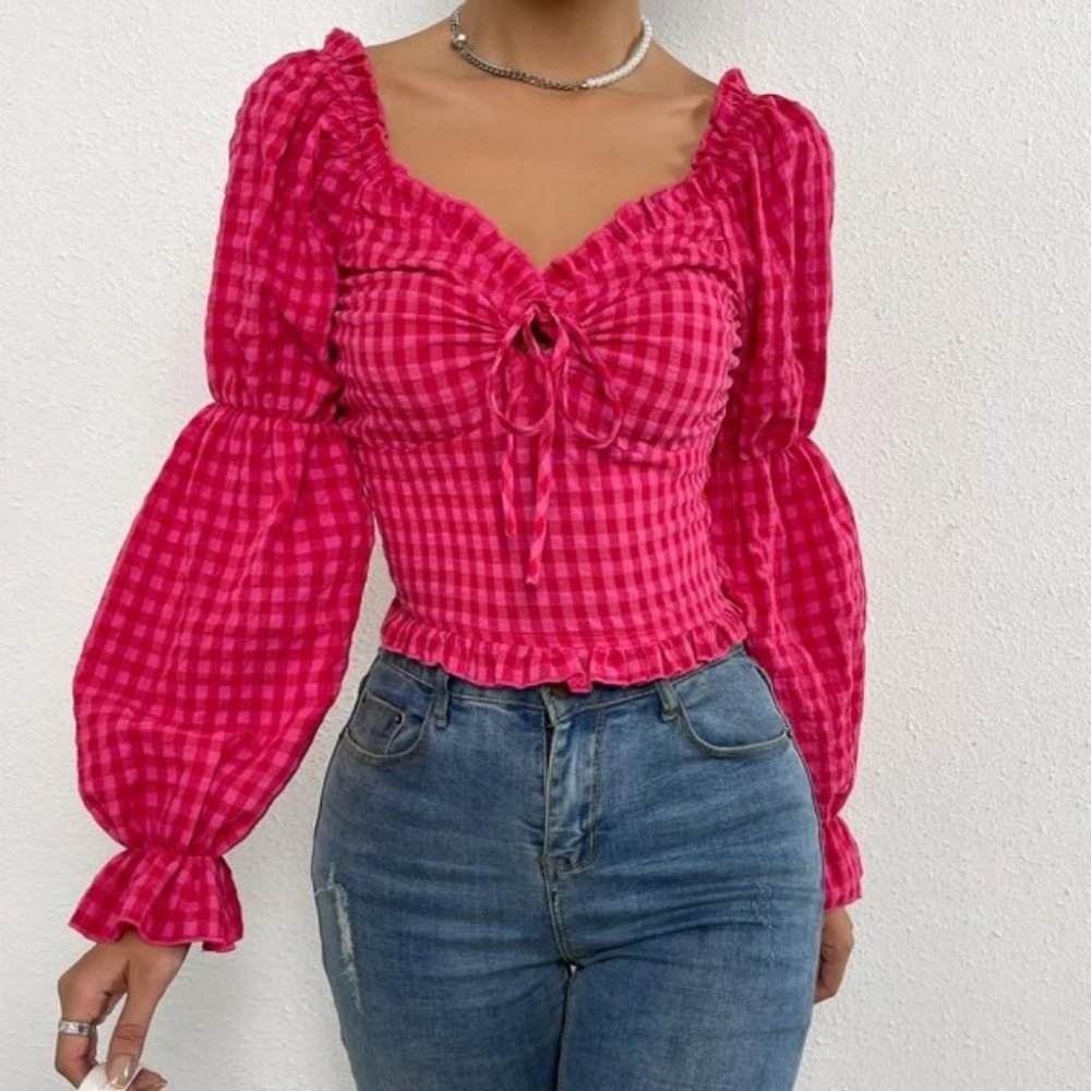 Pink Gingham Drawstring detail Frill Trim Shirred Blouse Top - Picture 5 of 6